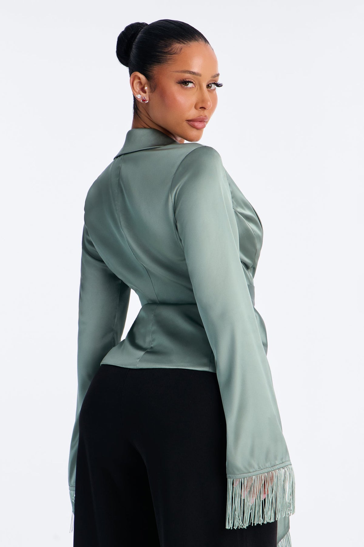 Champagne Pop Fringe Satin Blouse - Sage
