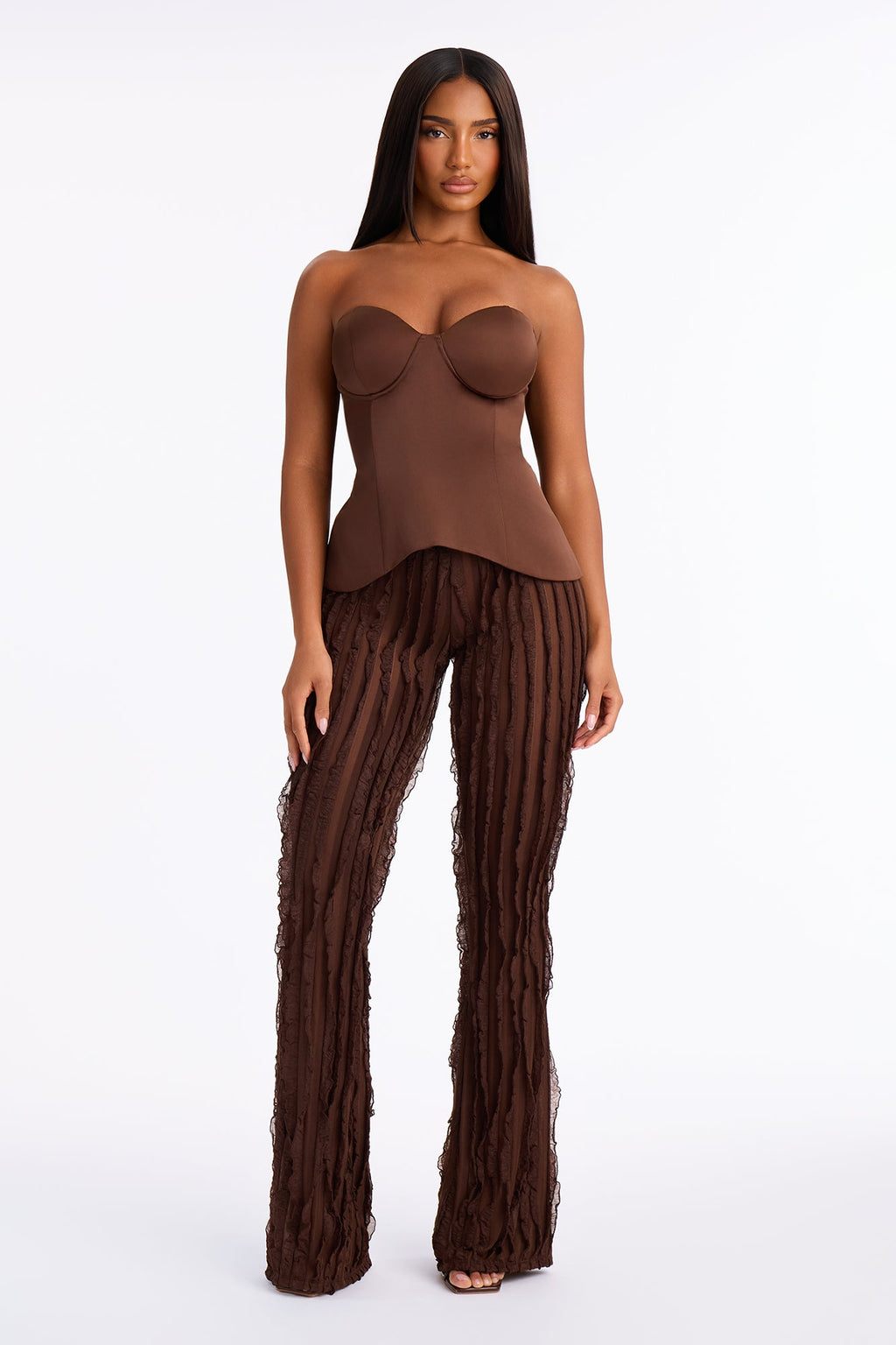 Avery Ruffle Mesh Flare Pant - Chocolate