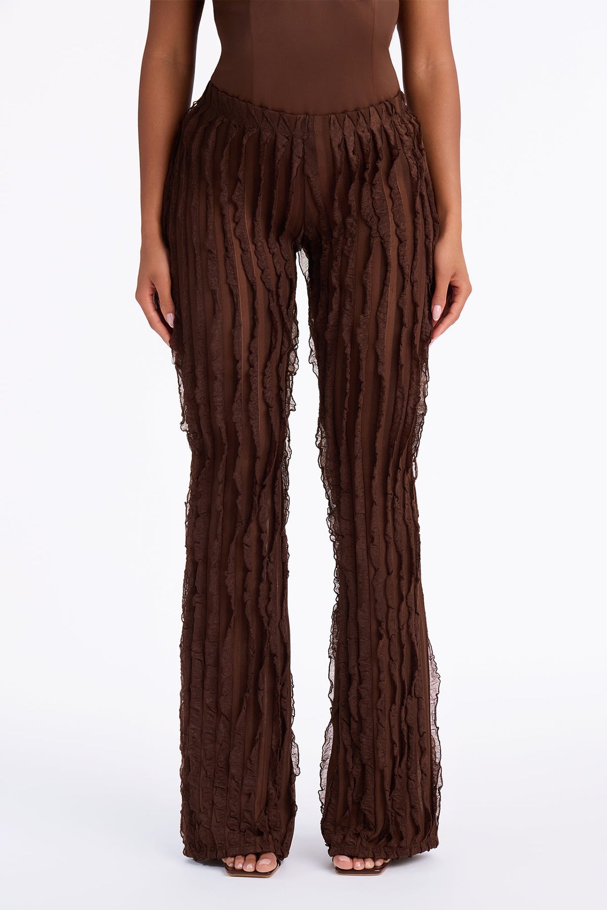 Avery Ruffle Mesh Flare Pant - Chocolate