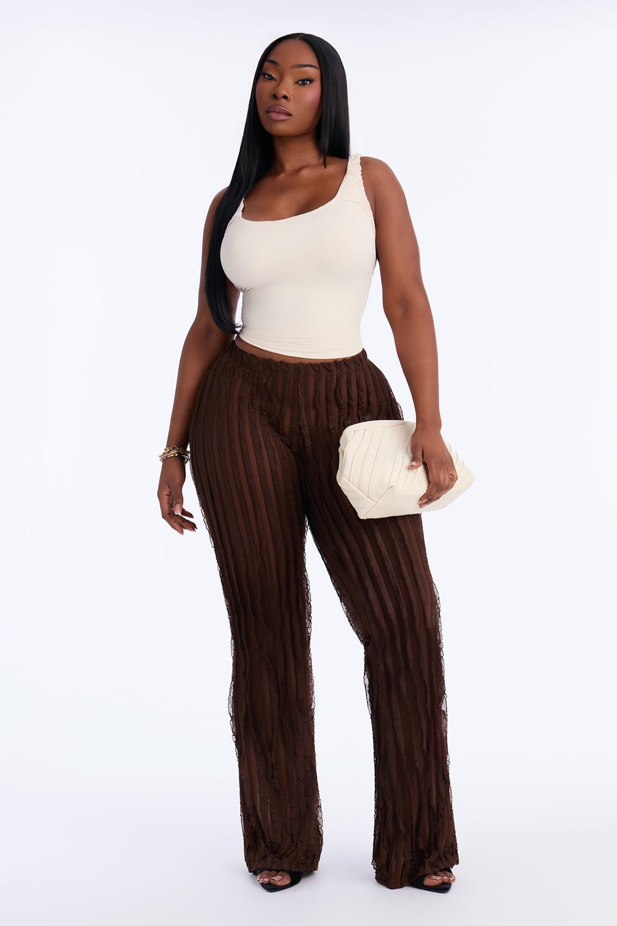 Avery Ruffle Mesh Flare Pant - Chocolate