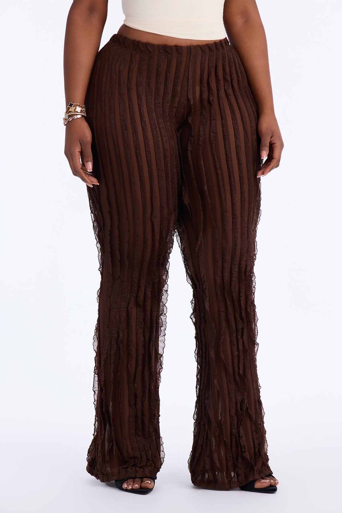 Avery Ruffle Mesh Flare Pant - Chocolate