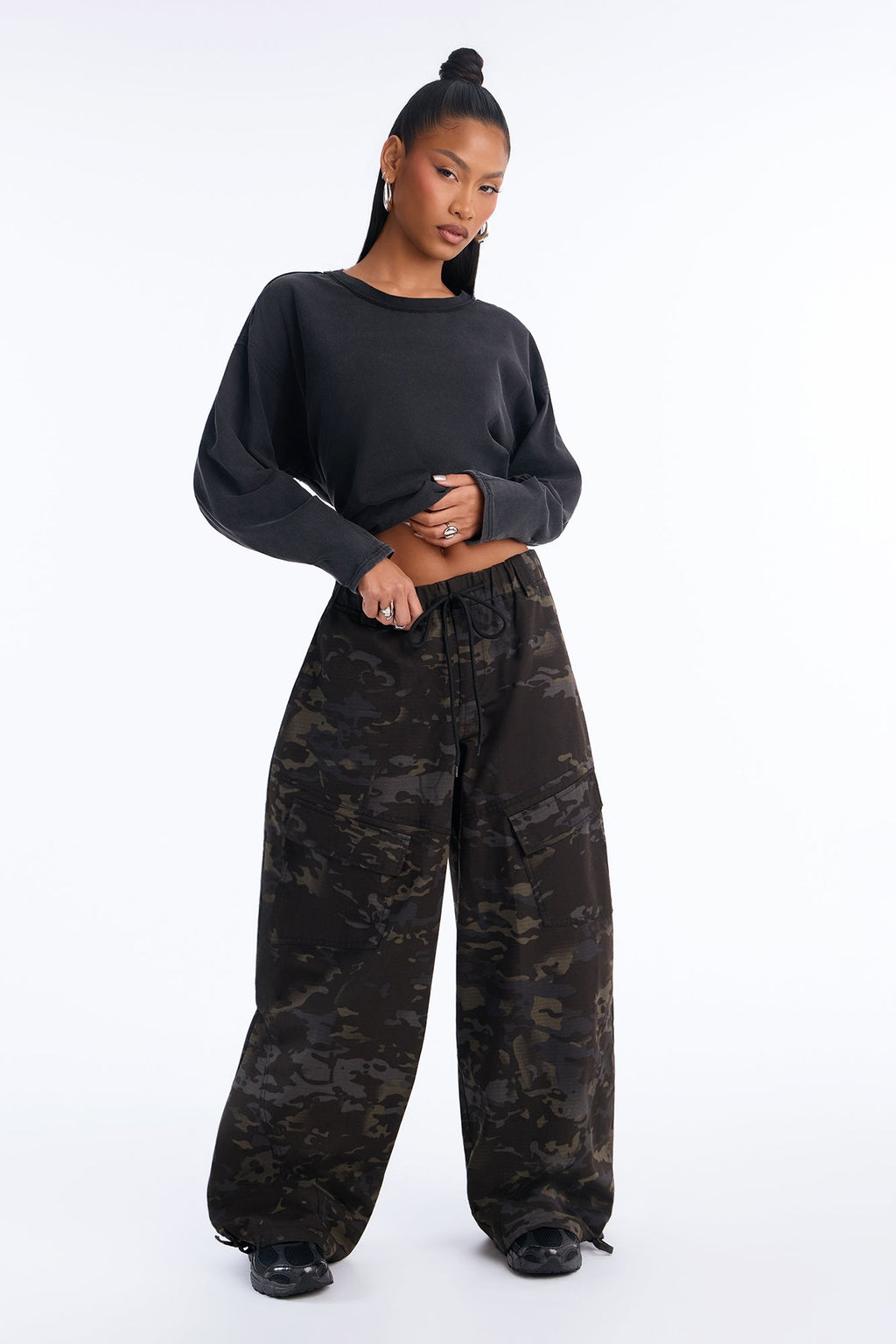 See Through Me Drawstring Wide Leg Pant - Camouflage