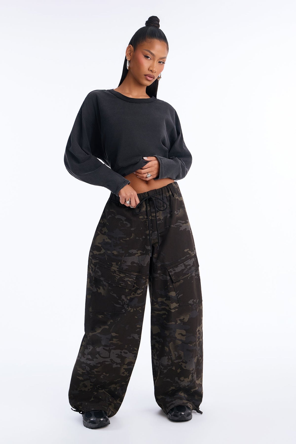 See Through Me Drawstring Wide Leg Pant - Camouflage