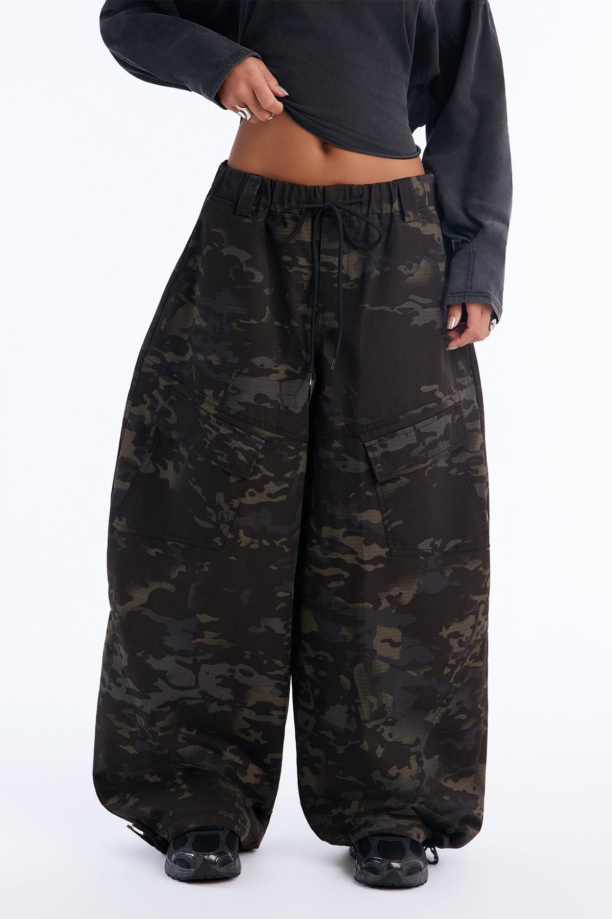 See Through Me Drawstring Wide Leg Pant - Camouflage