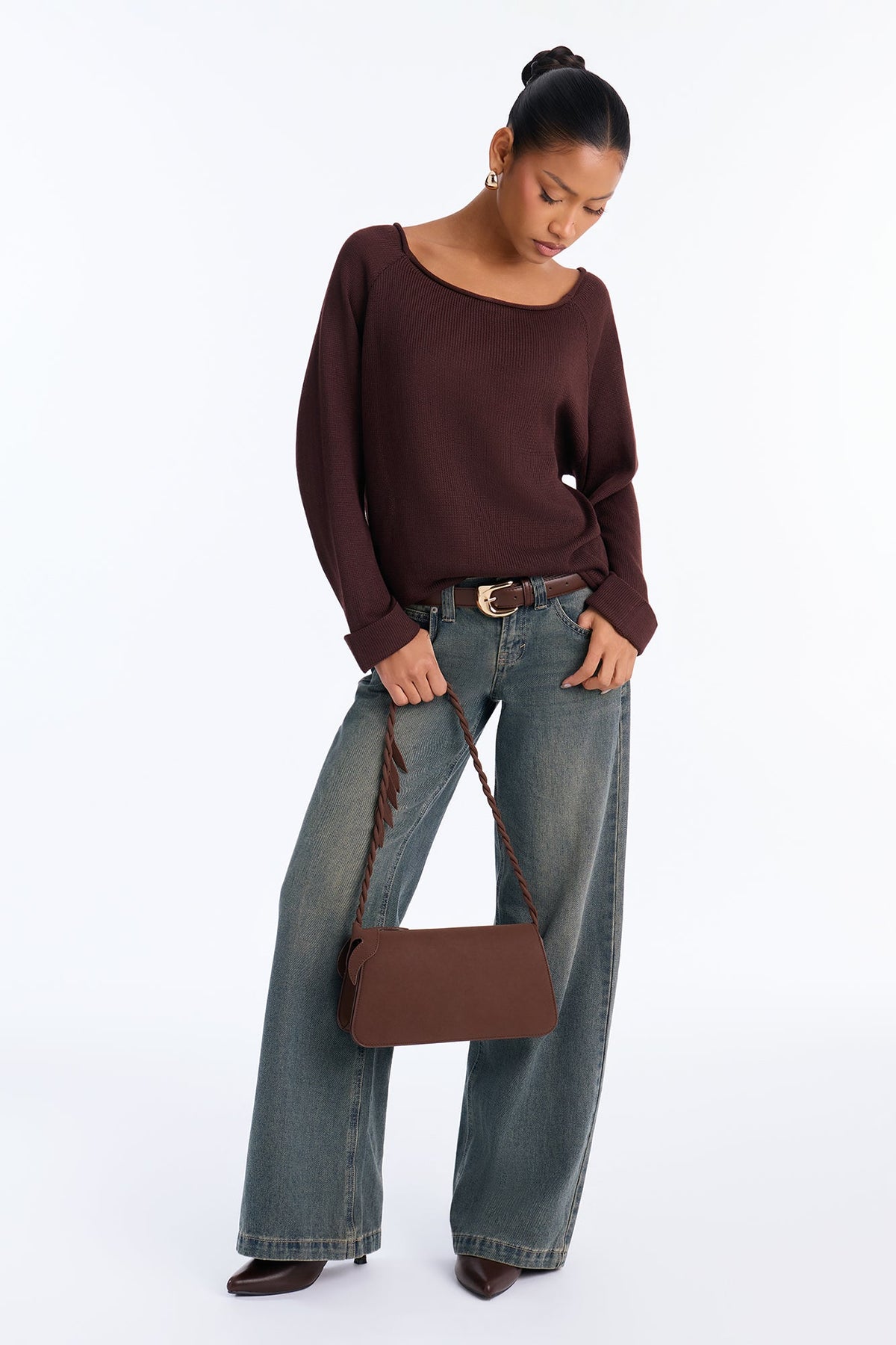 Leaves Falling Faux Leather Shoulder Bag - Brown