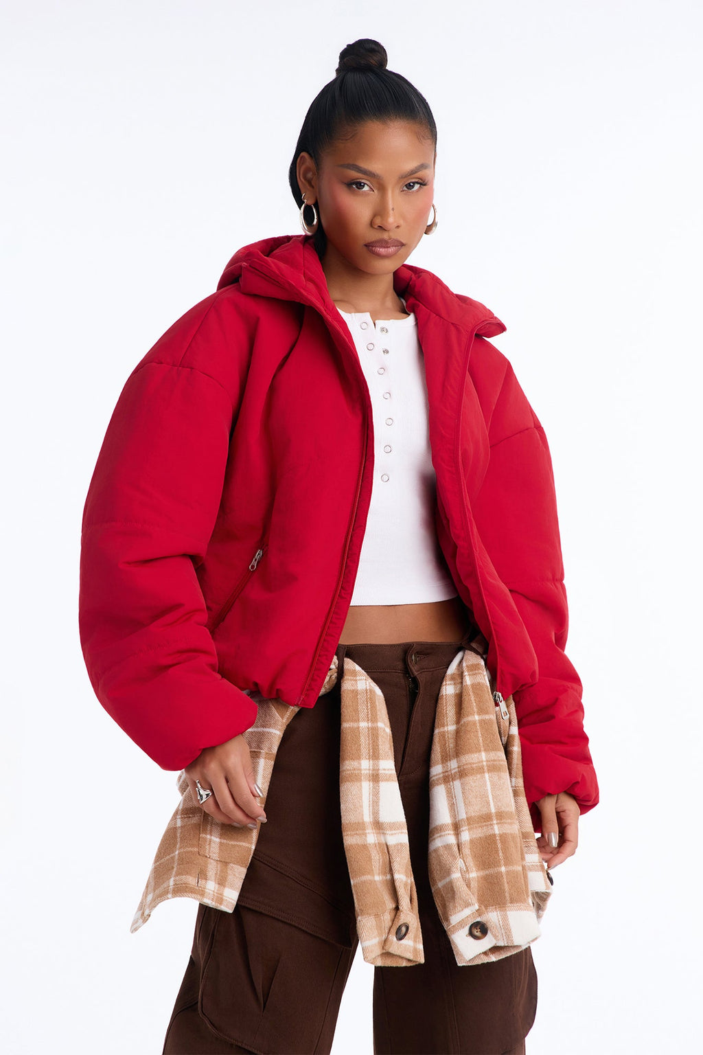 On The Go Funnel Neck Hooded Puffer - Red