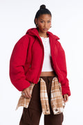 On The Go Funnel Neck Hooded Puffer - Red