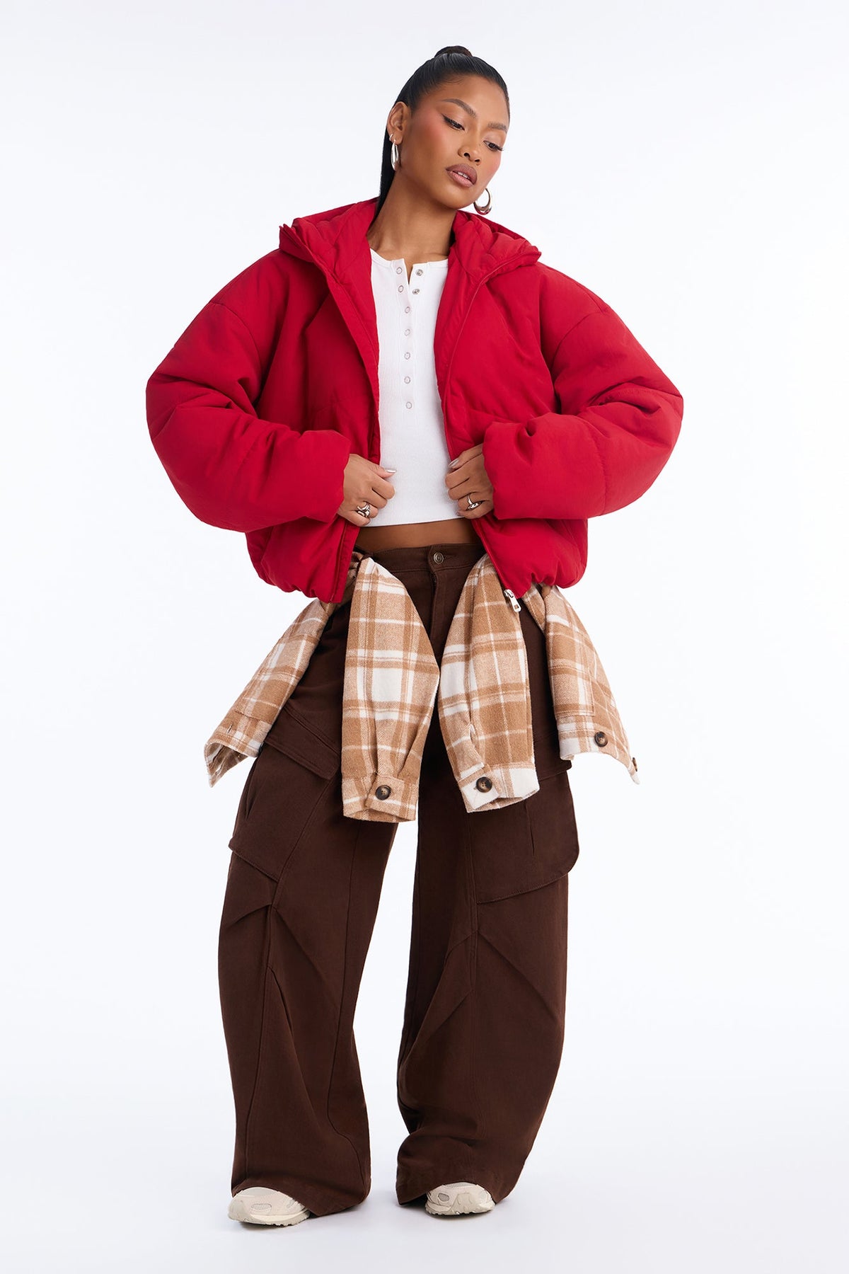 On The Go Funnel Neck Hooded Puffer - Red