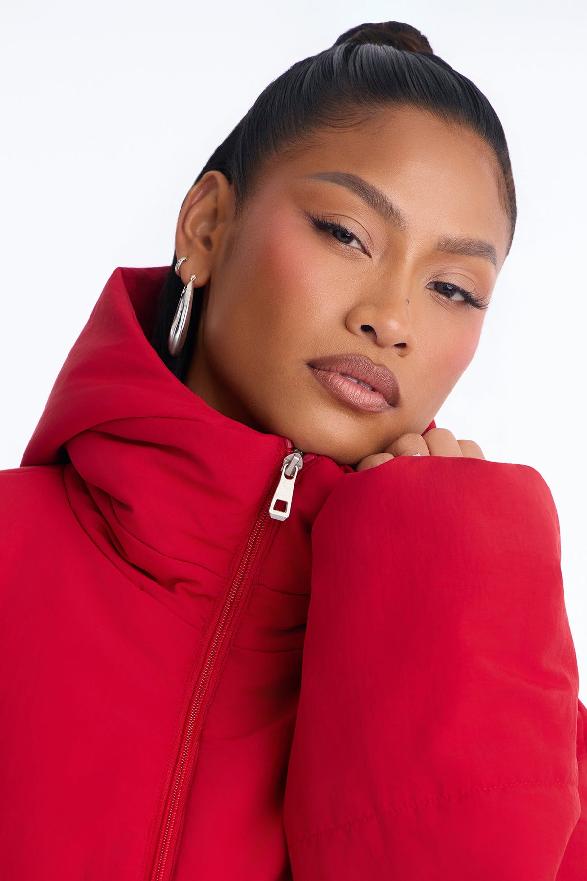 On The Go Funnel Neck Hooded Puffer - Red