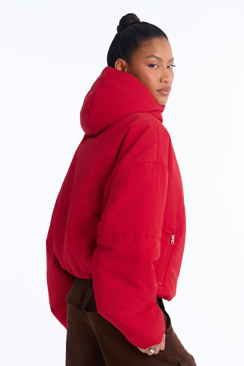 On The Go Funnel Neck Hooded Puffer - Red