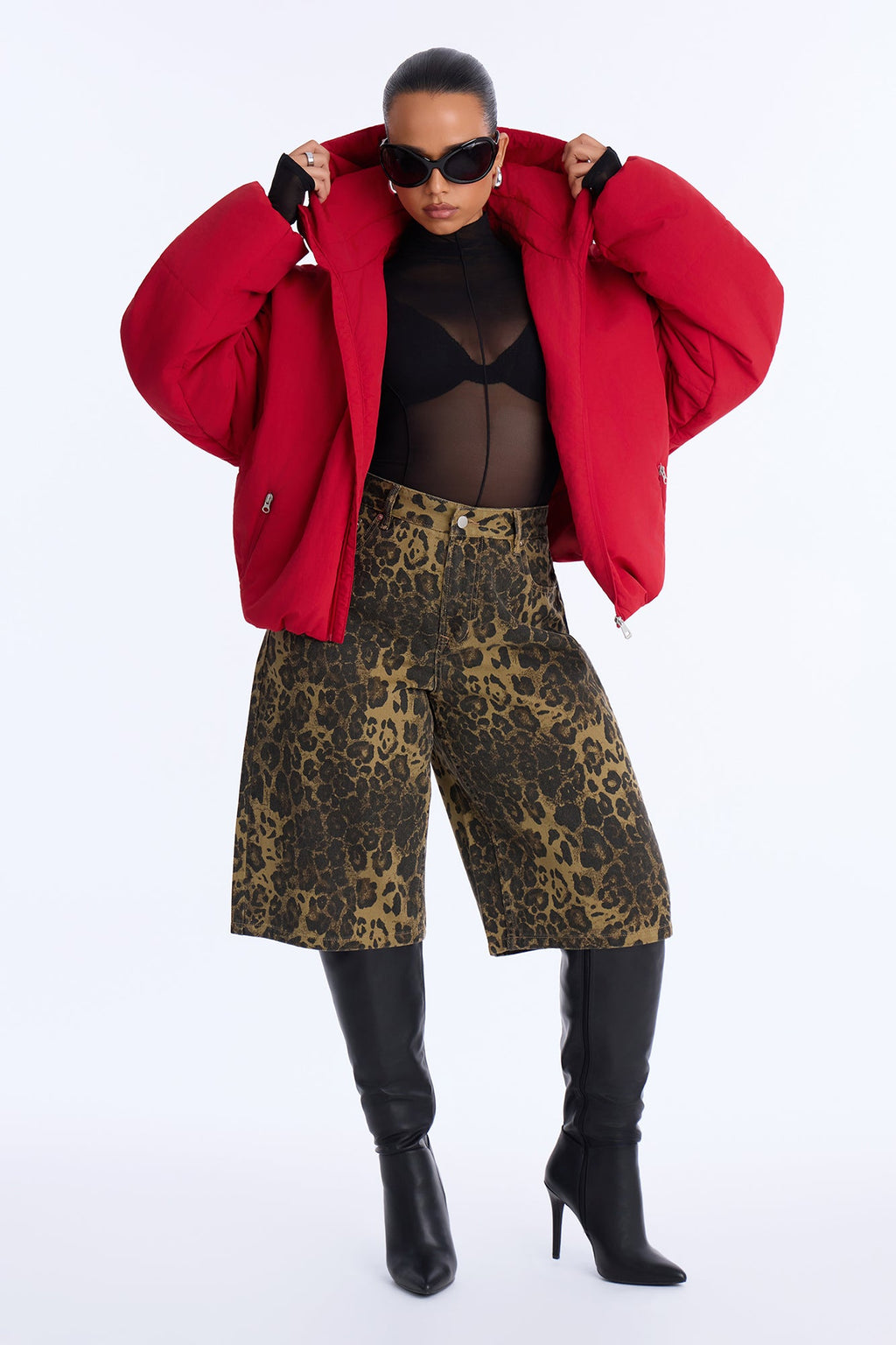 On The Go Funnel Neck Hooded Puffer - Red