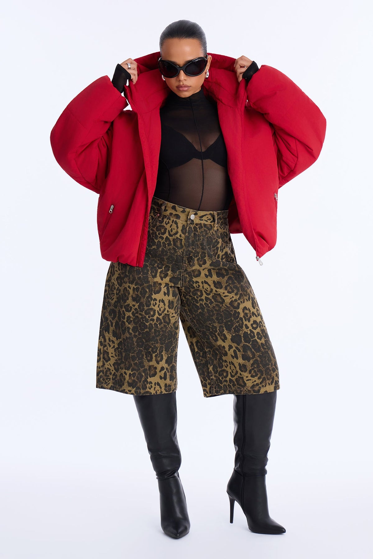 On The Go Funnel Neck Hooded Puffer - Red