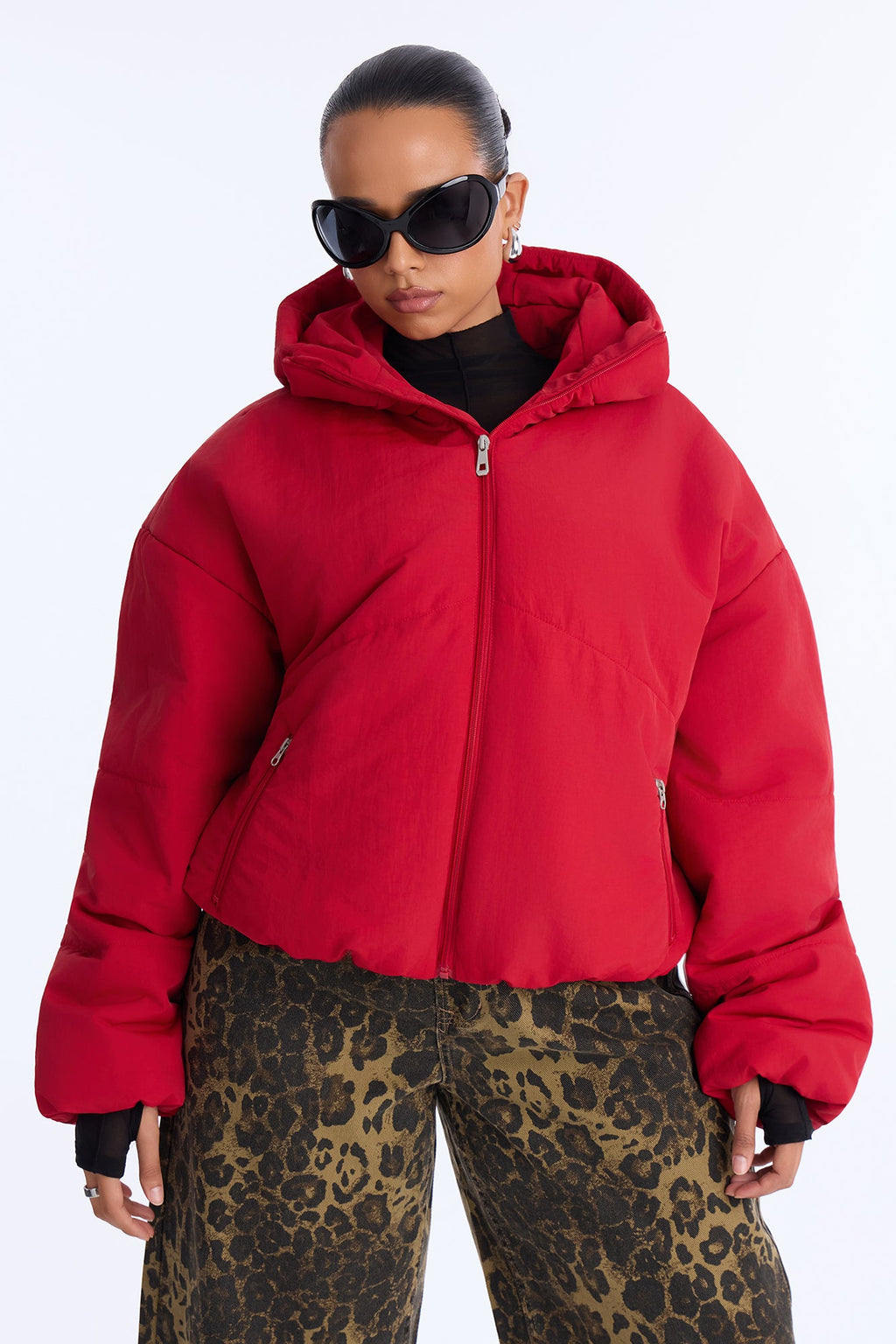 On The Go Funnel Neck Hooded Puffer - Red