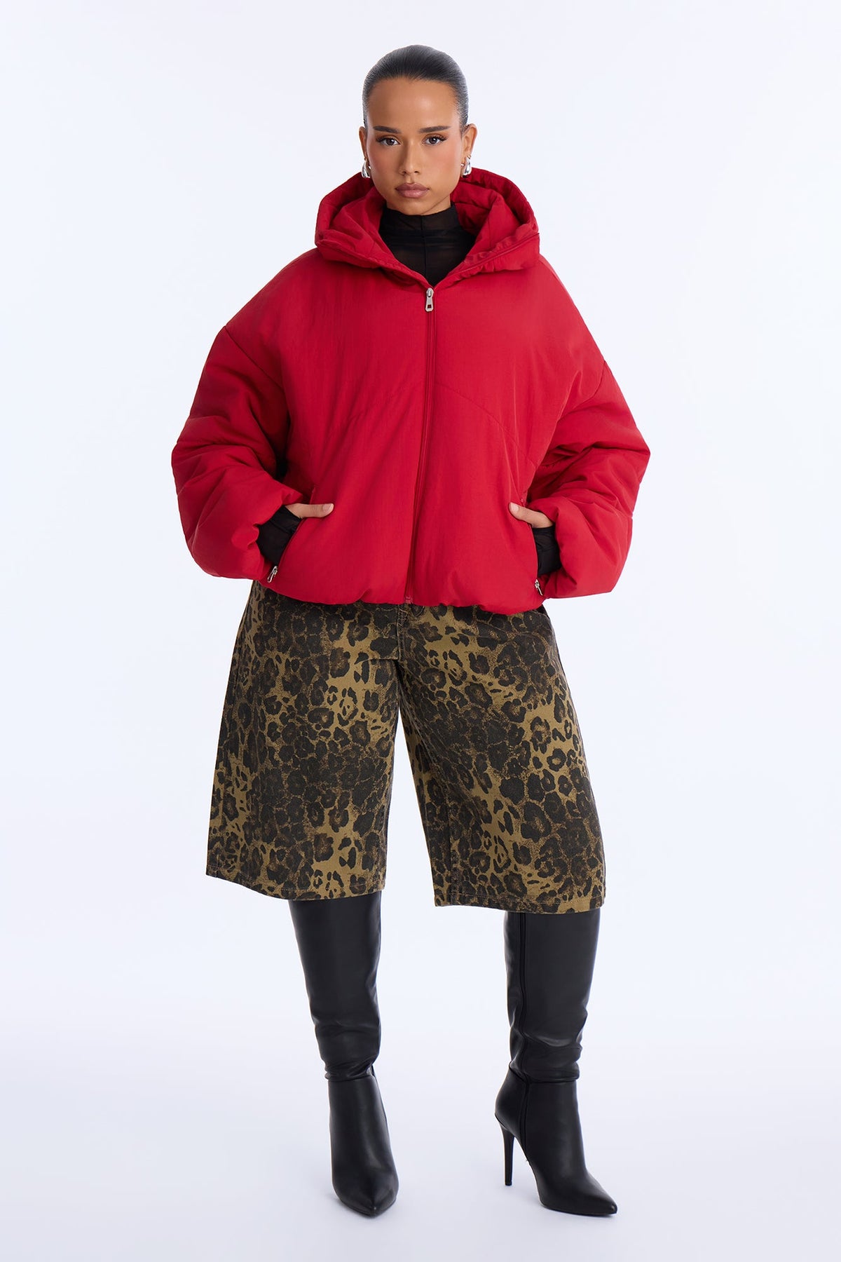 On The Go Funnel Neck Hooded Puffer - Red