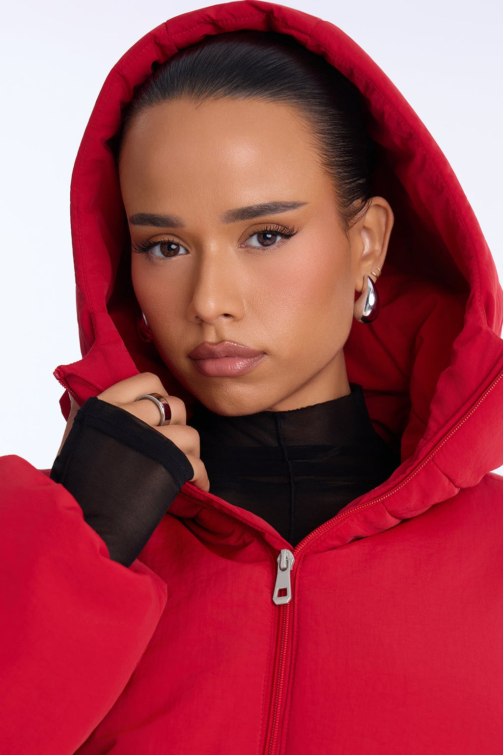 On The Go Funnel Neck Hooded Puffer - Red