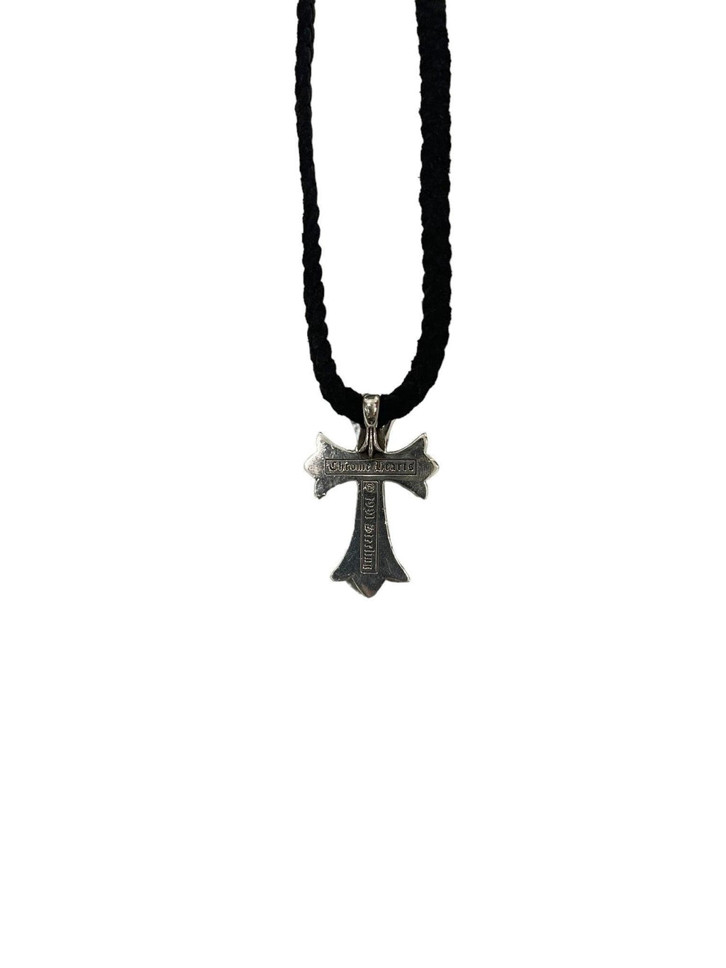 Chrome Hearts Silver Cross Pendant w/ Black Rope Chain