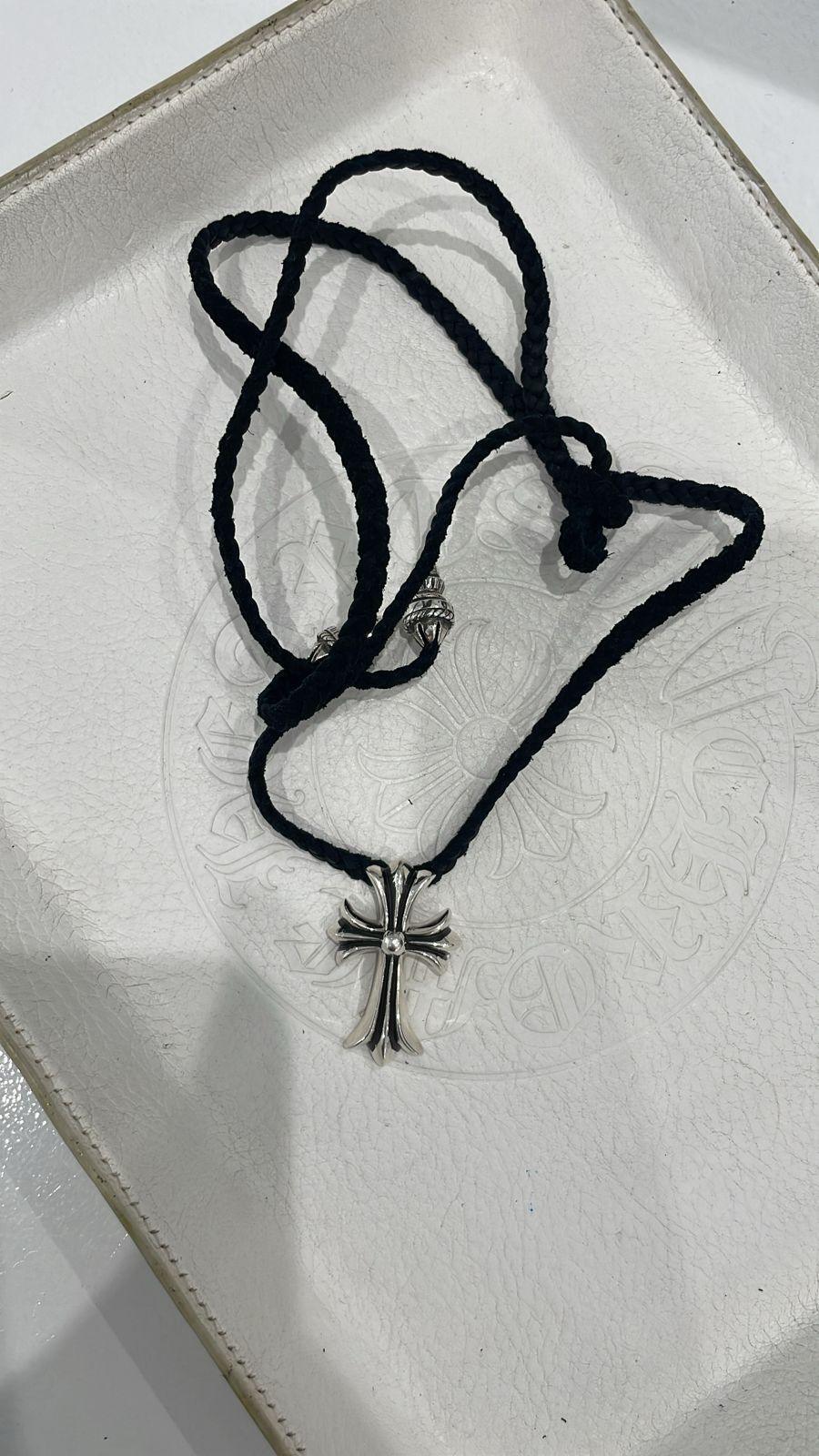 Chrome Hearts Silver Cross Pendant w/ Black Rope Chain