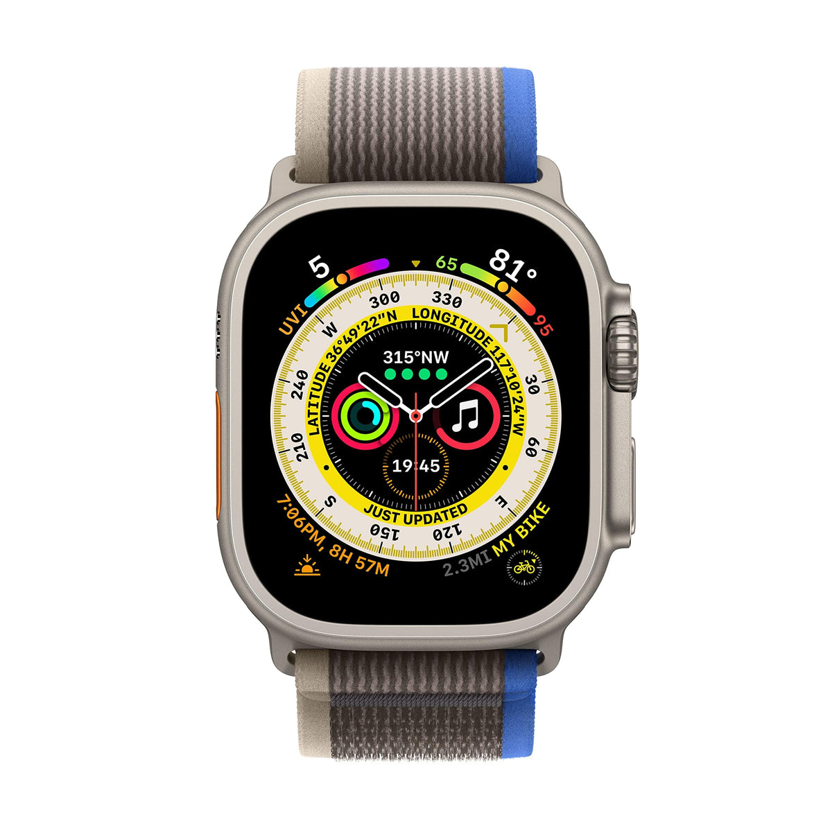 Apple Watch Ultra (GPS + Cellular) 49mm Titanium Case with Blue/Gray Trail Loop - S/M - Titanium - MNHE3LL/A